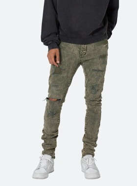 Mnml 军绿色破洞做旧修身小脚长裤四季水洗弹性紧身牛仔裤男新品