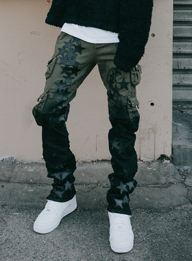 Mnml 星星拼布军绿色水洗多口袋工装裤四季宽松直筒休闲裤新品