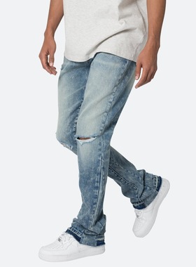 Mnml 蓝色刀割破洞水洗四季宽松流行高街潮流休闲喇叭牛仔裤男新