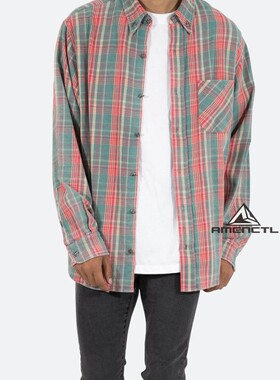 Mnml 绿色做旧复古格子村衫秋季宽松FOG风格休闲工装长袖男新品