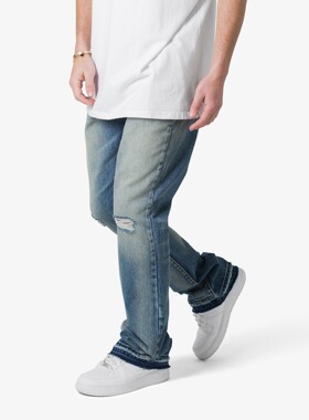 Mnml 做旧蓝色破坏破洞复古四季宽松高街修身喇叭牛仔裤男新品