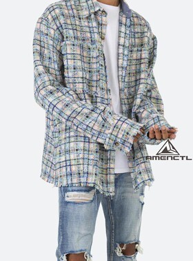 Mnml FOG風格藍彩色流苏加厚秋冬季宽松格子休闲村衫男Oversized