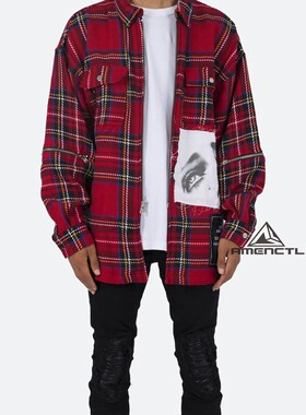 Mnml 红色格子贴布复古冬季加厚棉布宽松拉链长袖村衫男FOG风格