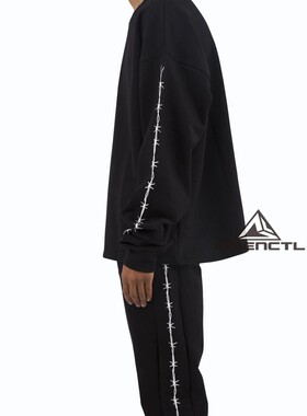 Mnml 黑色侧边荆棘印花纯棉宽松休闲套头卫衣男Oversize现货