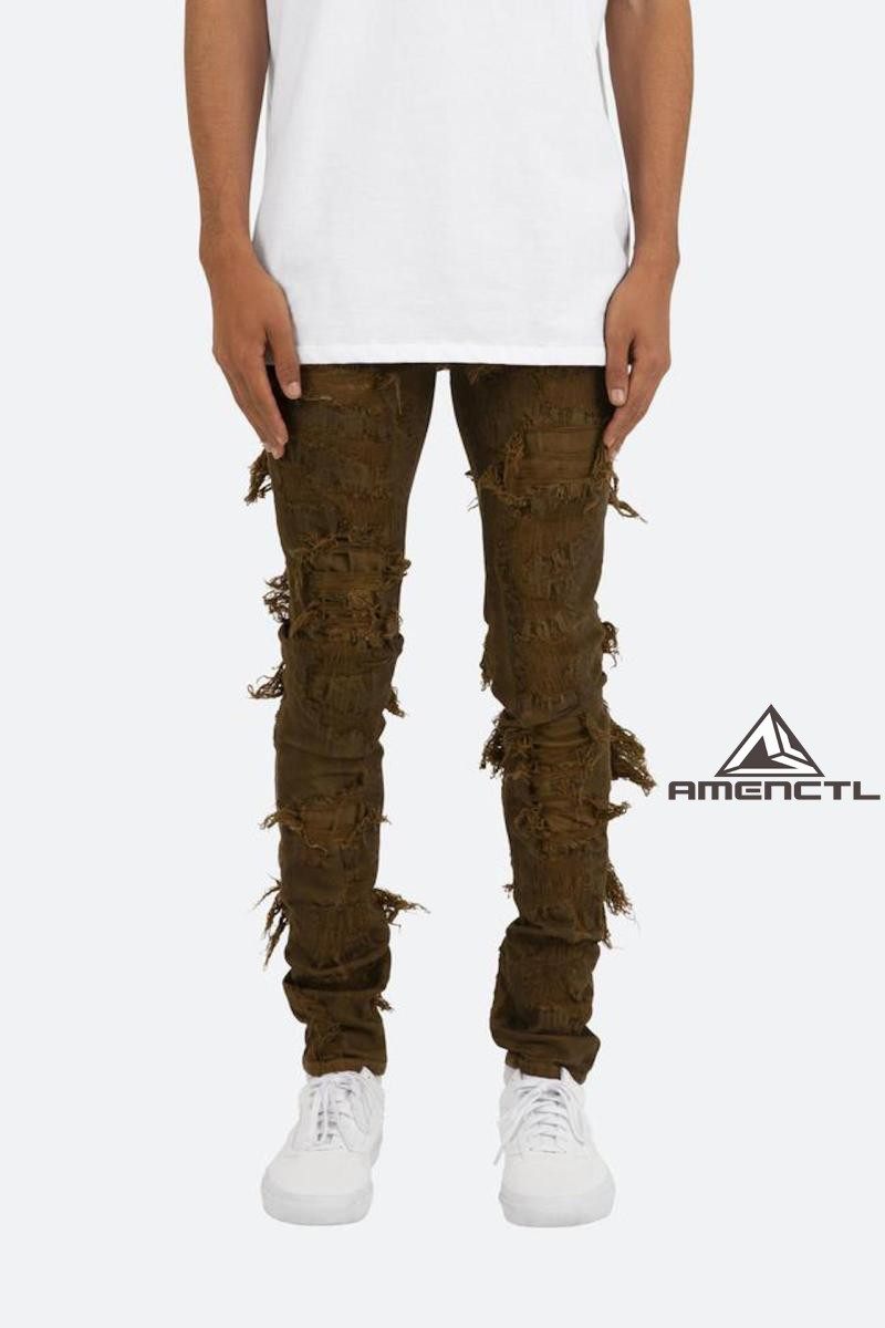 Mnml FOG风格棕色破坏流苏紧身小脚弹性强常规四季休闲牛仔裤男