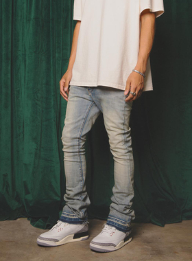 Mnml 水洗做旧蓝色修身小脚长裤四季弹性紧身喇叭牛仔裤男新品