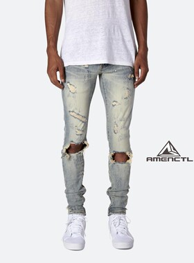 Mnml FOG 风格破坏破洞弹性拉链修身小腳侧拉链做旧牛仔裤男现货