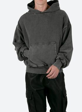 Mnml 水洗黑短款连帽衫纯棉秋冬季宽松运动休闲卫衣男新品FOG风格