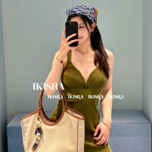 Poresl yded/4.27/精致感满满!可甜可辣橄榄绿针织吊带连衣裙女