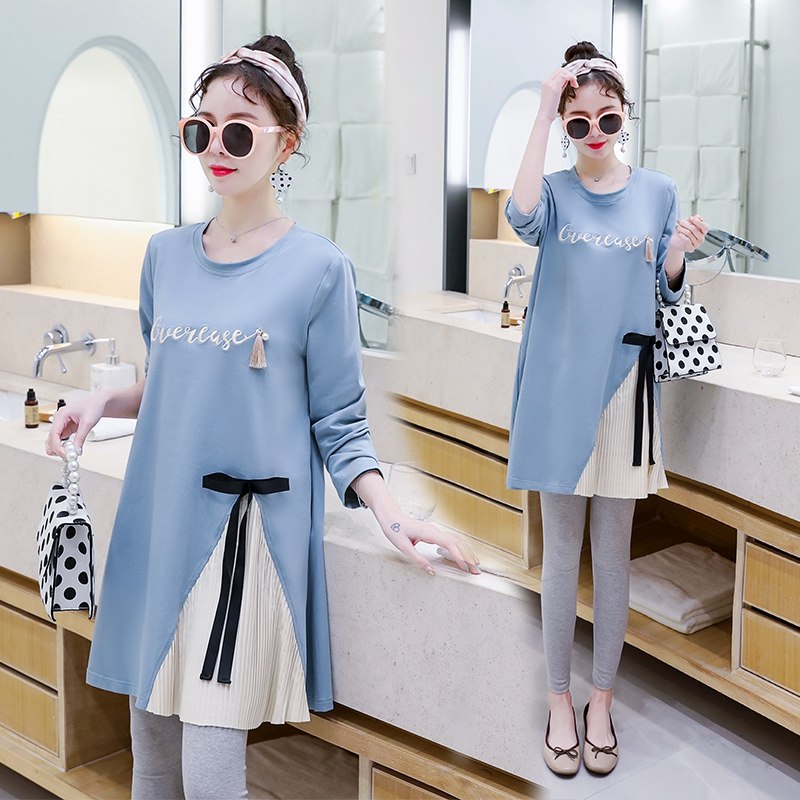 孕妇连衣裙秋装上衣纯棉中长款洋气孕妇装春秋套装时尚款裙子潮妈