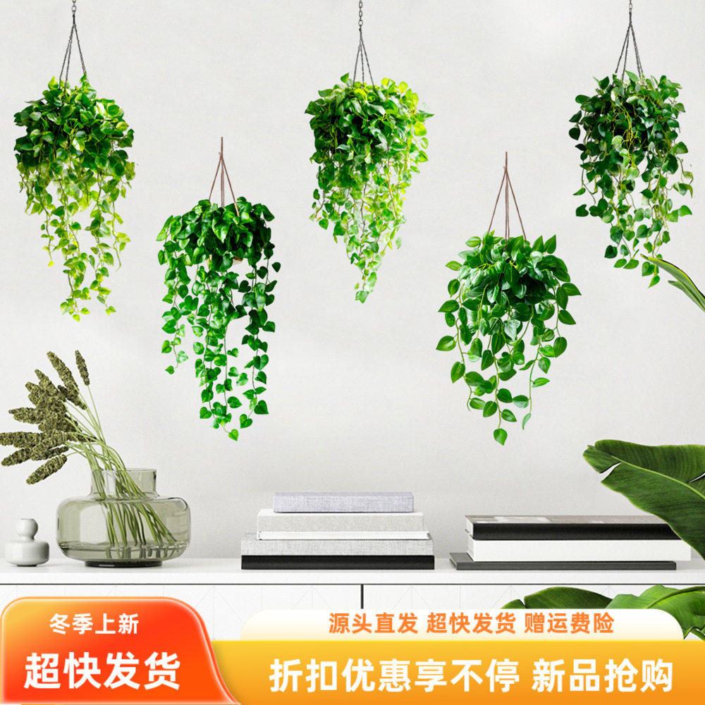 小清新绿叶吊篮盆栽墙贴自粘可移不伤墙家居玄关电视背景温馨装饰
