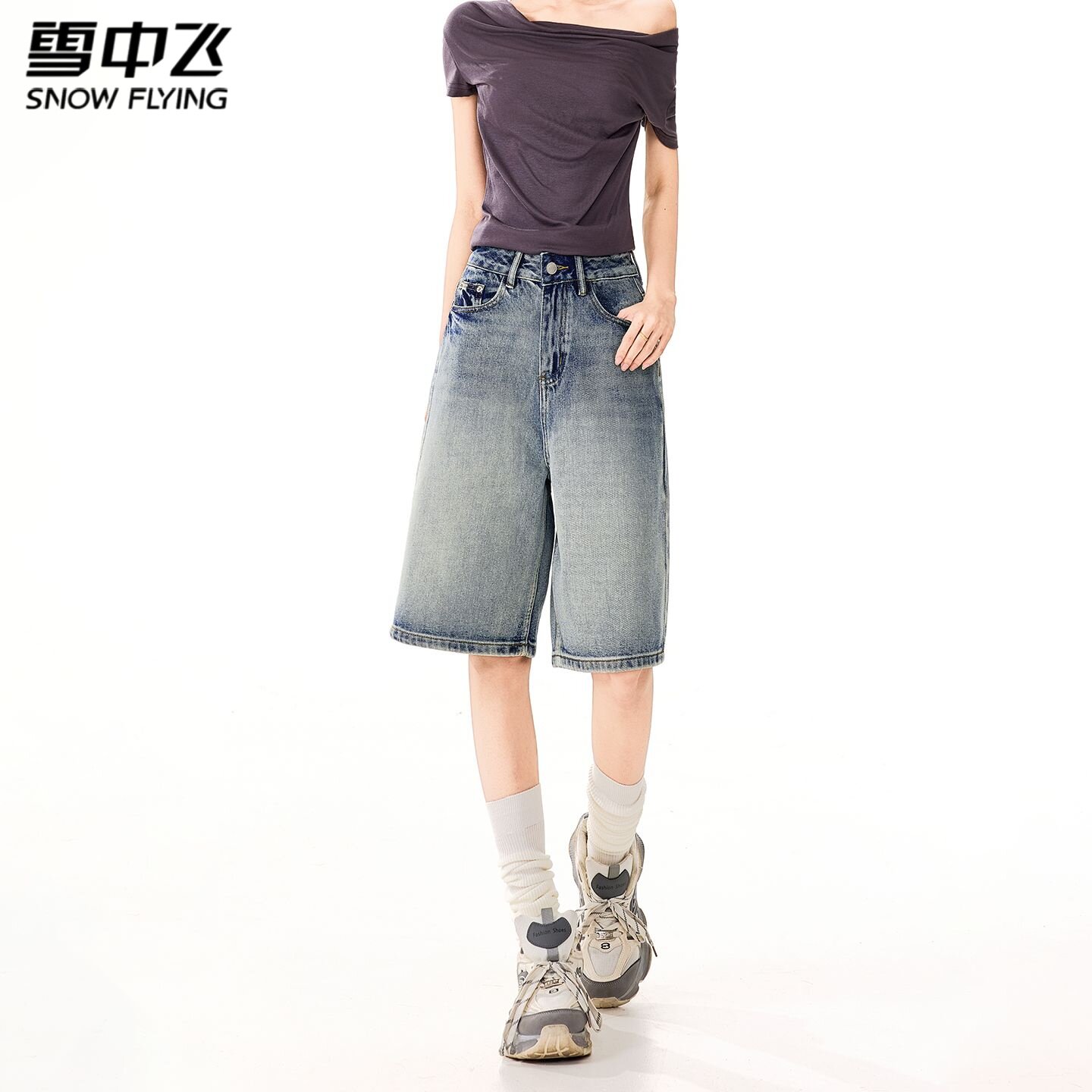 雪中飞美式复古阔腿牛仔裤女2026春夏新款做旧水洗百搭宽松五分裤