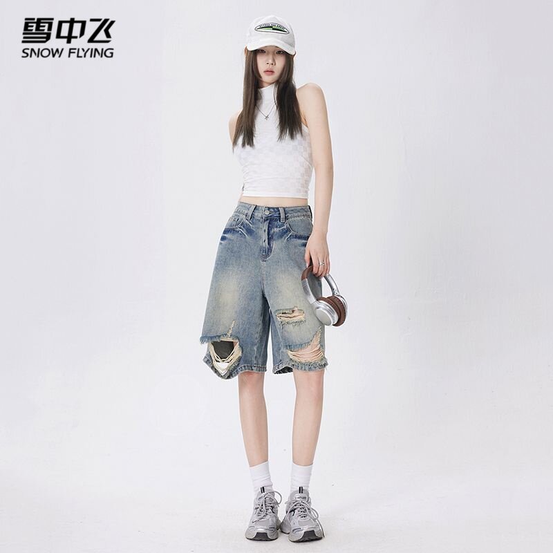 雪中飞2026夏季复古水洗直筒高腰破洞牛仔裤女怀旧蓝五分阔腿中裤