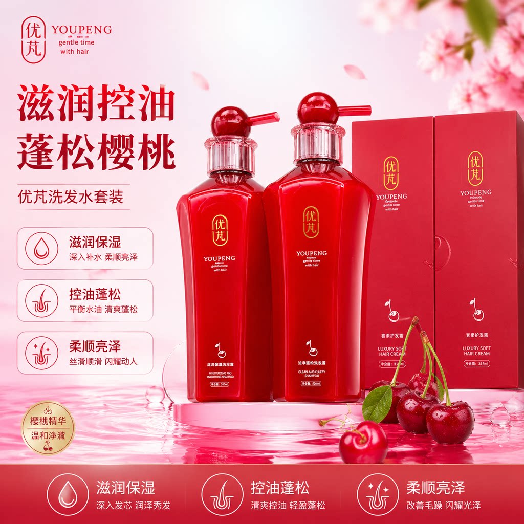 优芃洗发水套装滋润控油蓬松柔顺精华官方正品旗舰店樱桃柔顺如丝