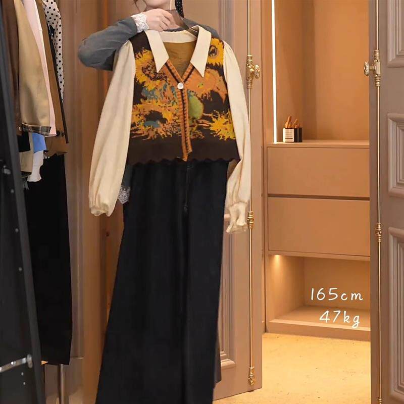 多娜同款春季时尚减龄套装设计感假两件长袖上衣显瘦牛仔裤两件套