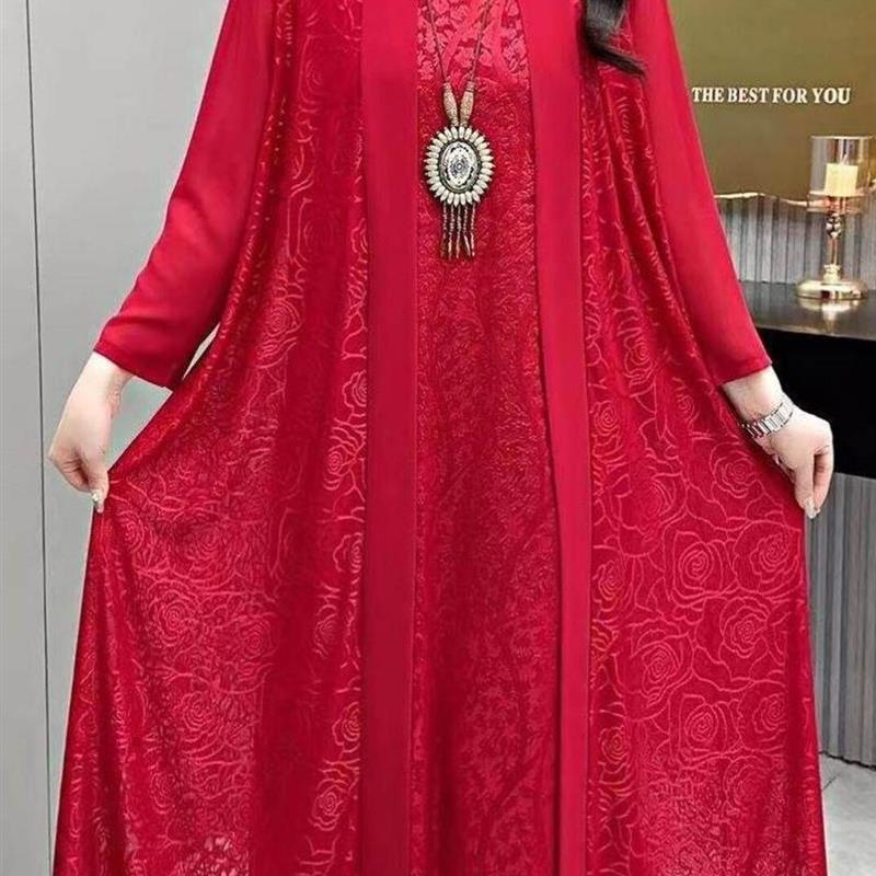 大码妈妈风背心裙外搭套装高级奢华新款胖人连衣裙长款外披中老年