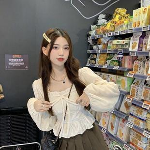 甜美收腰设计感蝴蝶结方领丝绒衫衬衫女2025春季新款短款长袖上衣