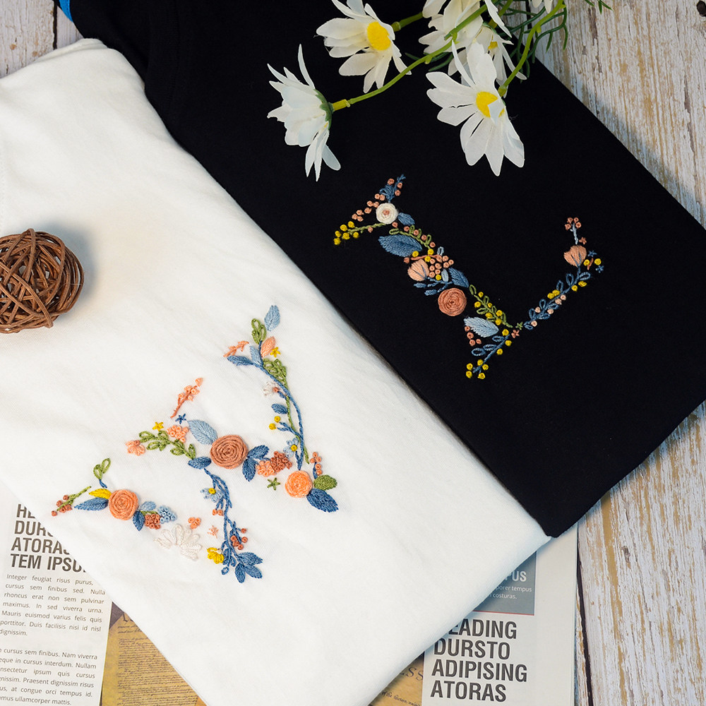 字母姓氏衣服刺绣手工diy材料包免画图水溶布花草图稿送男友短袖