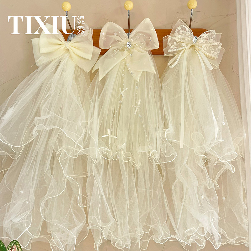 缇秀新款公主头纱摄影拍照写着蝶结发夹女孩纱头女童头花皇冠发饰