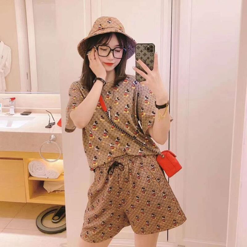 Double Mickey Mouse cartoon print short sleeve T-shirt women's loose drawstring casual shorts two piece set