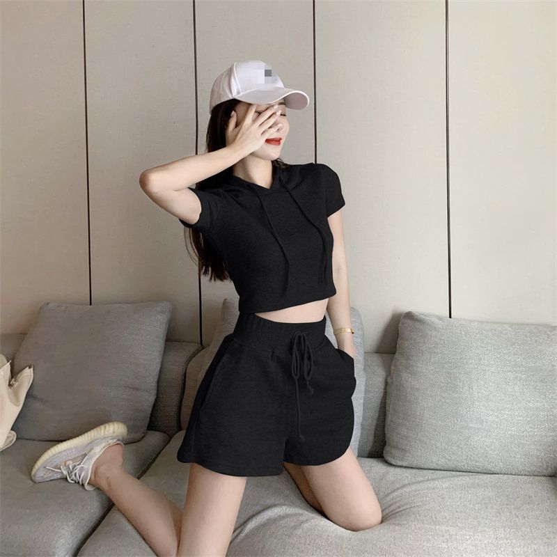 Summer casual hooded Short Sleeve Sweater Hoodie sports shorts fashion two piece suit for women