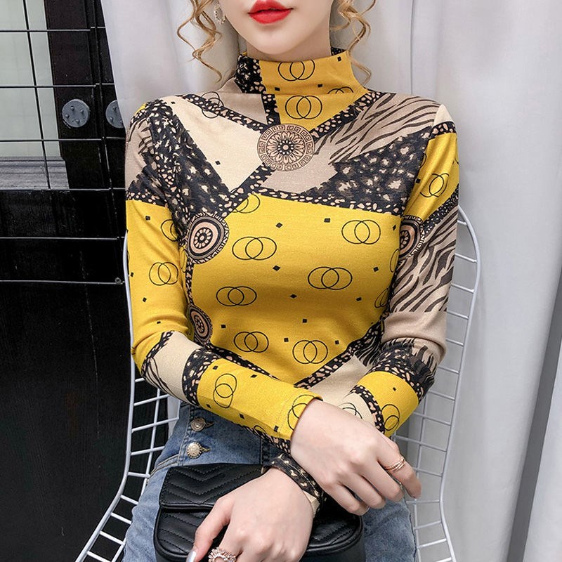 Autumn and winter new fashion printing half height collar t-shirt female European goods slim slim foreign style long sleeve bottomed top fashion