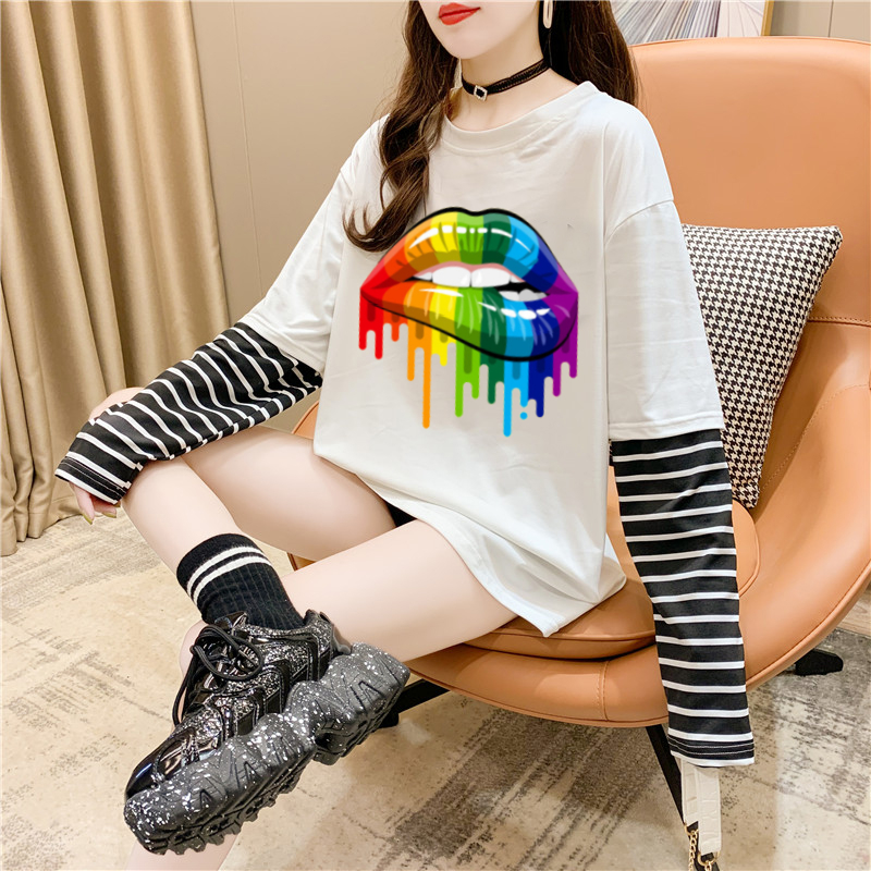 Stripe stitching fake two long sleeve T-shirt paint lip top