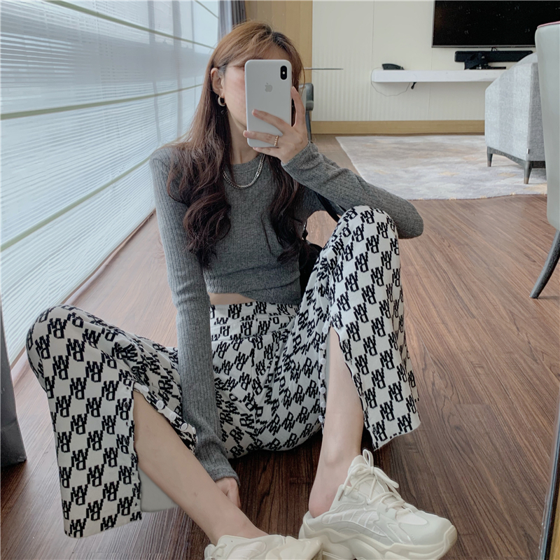 High waist design black and white letters drop loose casual pants split straight wide leg pants