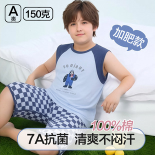 加肥胖童背心纯棉春夏季男童薄款无袖T恤儿童家居服背心套装加大