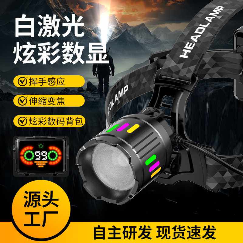 白激光头灯炫彩背包强光远射挥手感应头灯伸缩变焦露营灯款头灯