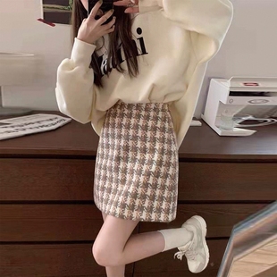 短裙子女秋冬女单/套装小个子学生冬季+卫衣毛呢A字加绒两件套潮