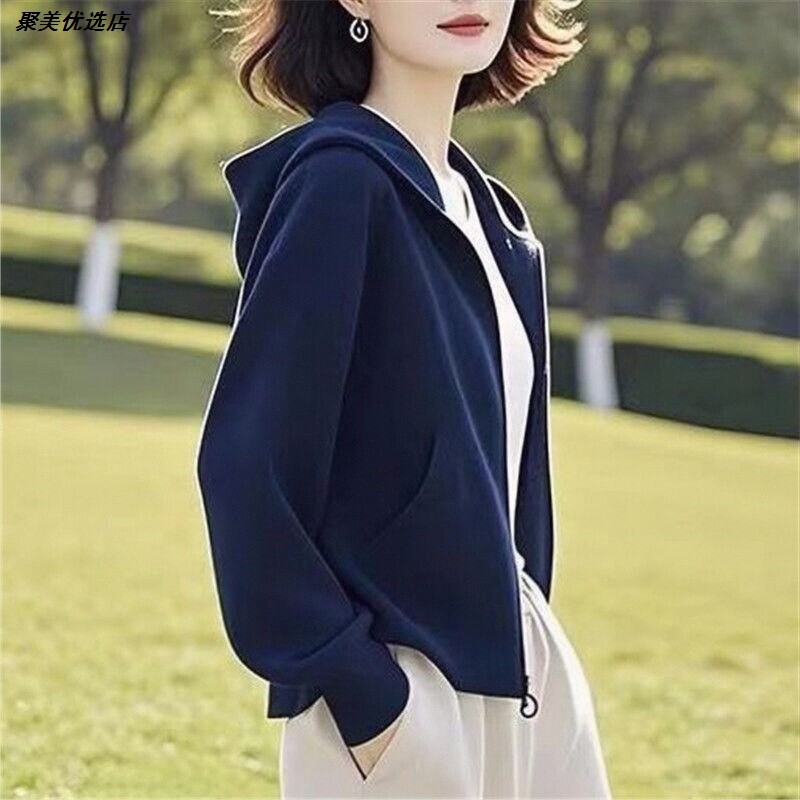 连帽妈妈装宽松女大码外套中老年2026韩版卫衣新款春秋纯色女长袖
