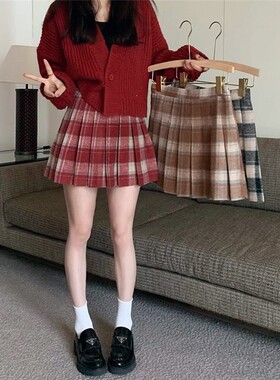 复古毛呢裙格子百褶裙秋冬新款大码美式气质短裙红色a字半身裙