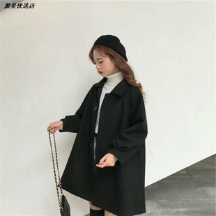 百搭韩版新款外套中长款呢子大衣秋衬衫女毛呢小个子冬季学生宽松