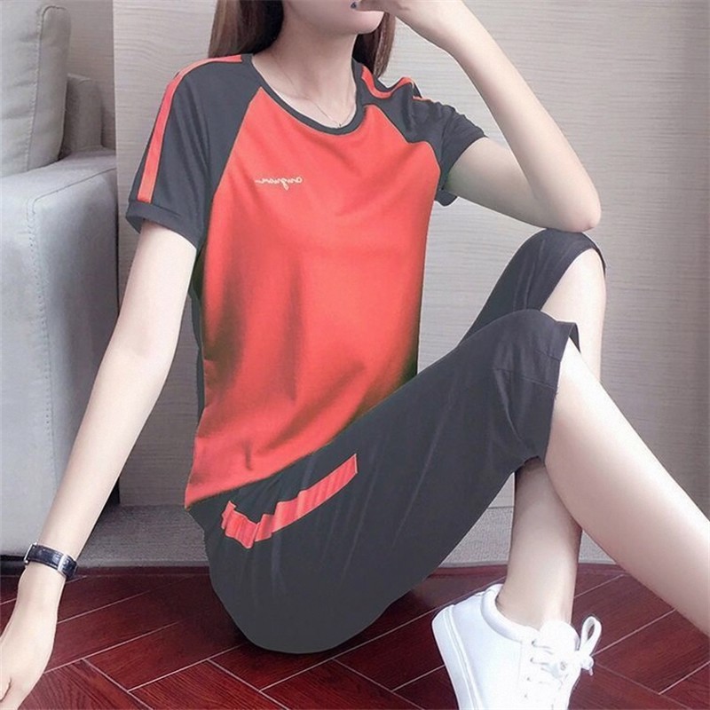 2025夏季新款运动休闲套装女短袖七分裤洋气时尚大码女装两件套潮