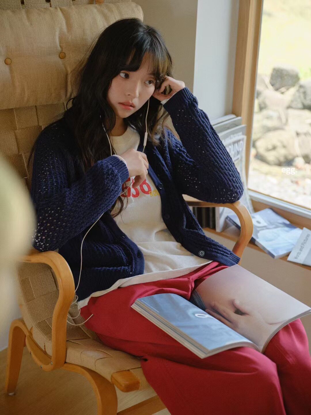 韩系复古菠萝纹镂空翻领毛衣开衫图片