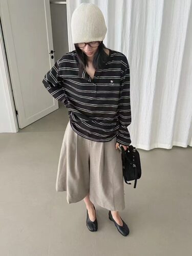 条纹凯蒂~慵懒撞色宽松长袖T恤女
