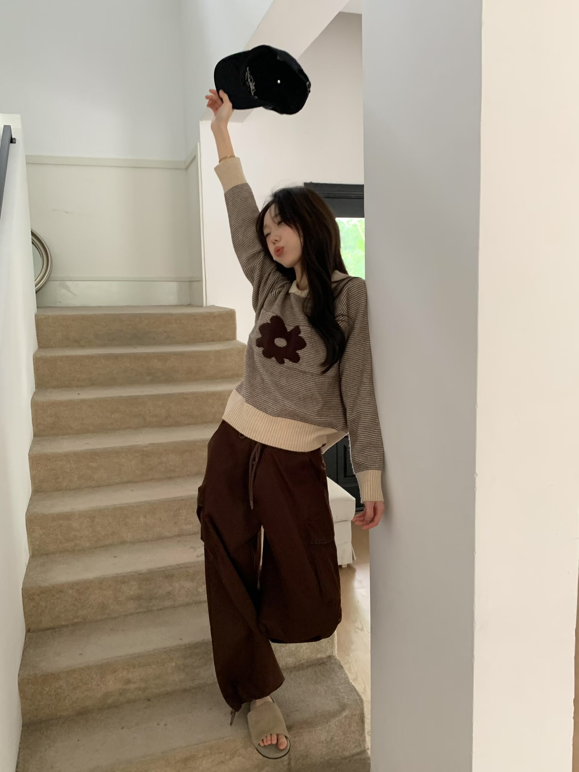 花朵毛衣！SE正品韩系全羊毛超软糯条纹拼色俏皮娃娃领套头针织衫