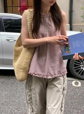 豆沙格语！COMMA 韩系木耳边复古格纹背心女宽松显瘦无袖娃娃衫