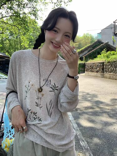韩系手绘花朵亚麻防晒长袖T恤