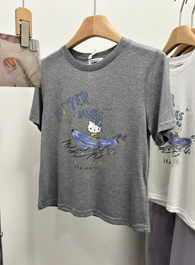 奶萌香蕉船Kitty~aboutmoon正品韩系天丝麻透气针织短袖T恤女短款