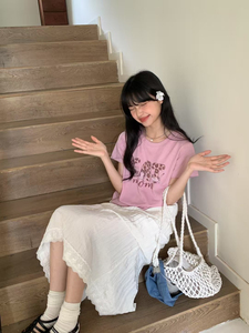 是猫咪脚印啊！H.ONE正品韩系字母卡通印花圆领微正肩显瘦短袖T恤