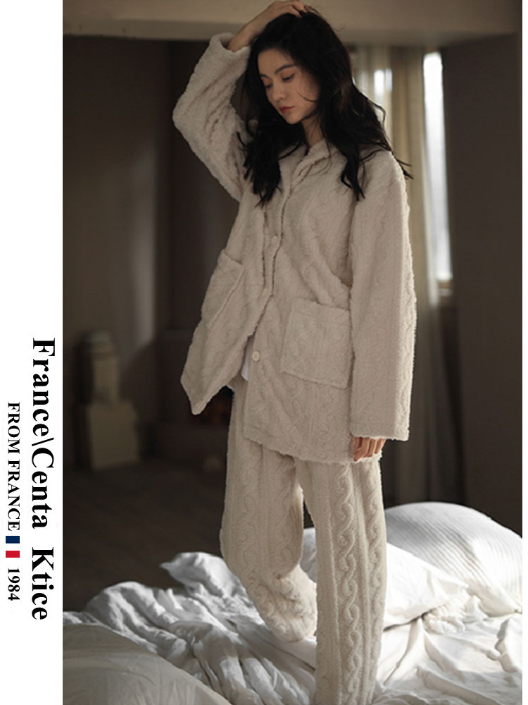 프랑스어 CENTA KTICE 산호 벨벳 잠옷 여성용 겨울 따뜻한 두꺼운 가정 의류 여성 플란넬 정장 겨울