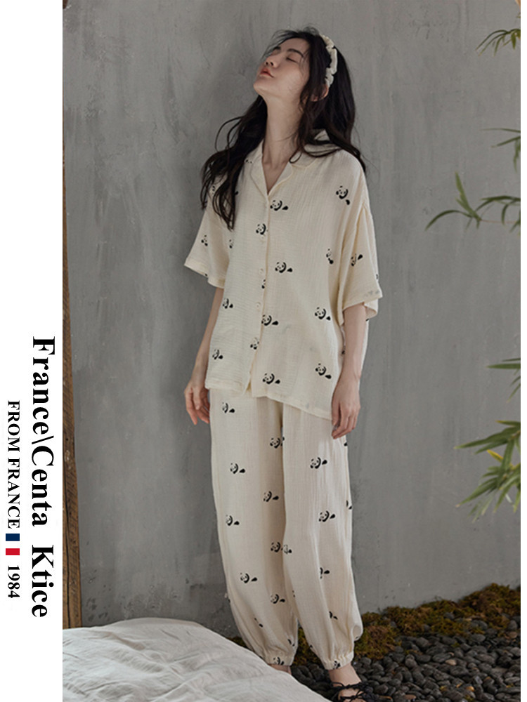 프랑스 CENTA KTICE 여성용 여름 잠옷 짠 순수 코튼 귀여운 반팔 여성용 스위트 홈웨어 세트