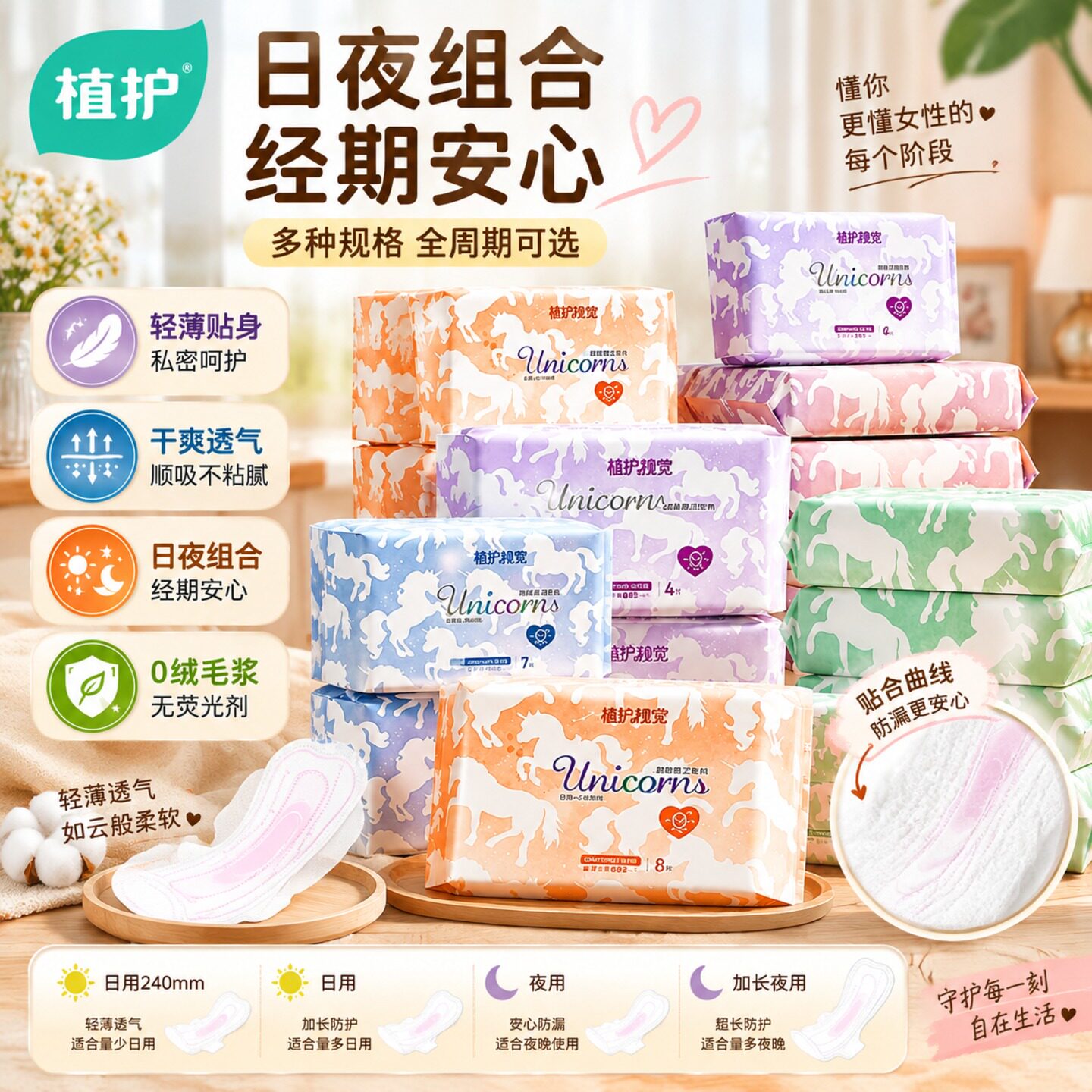 植护卫生巾官方旗舰正品姨妈巾日夜用超薄透气少女学生护垫