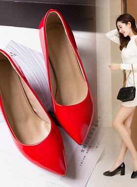 韩版浅口单鞋女白色工作鞋高跟漆皮红色婚鞋套脚懒人鞋47 48