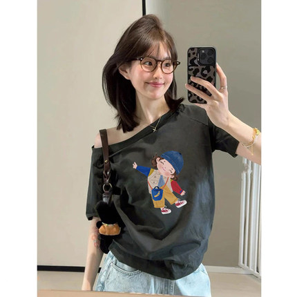 露肩短袖女t恤2025新款夏季纯棉一字肩黑色辣妹斜肩上衣高级感潮