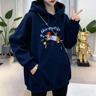 连帽卫衣女初中生2025新款超火加绒冬季宽松慵懒风大码胖mm上衣女