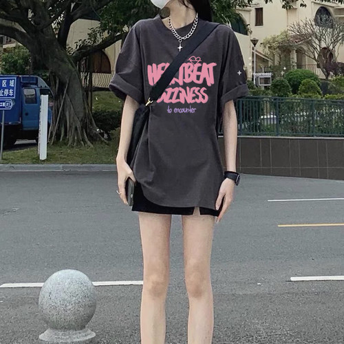 灰色上衣正肩微胖mm大码宽松短袖2025年新款显瘦纯棉t恤女夏季潮