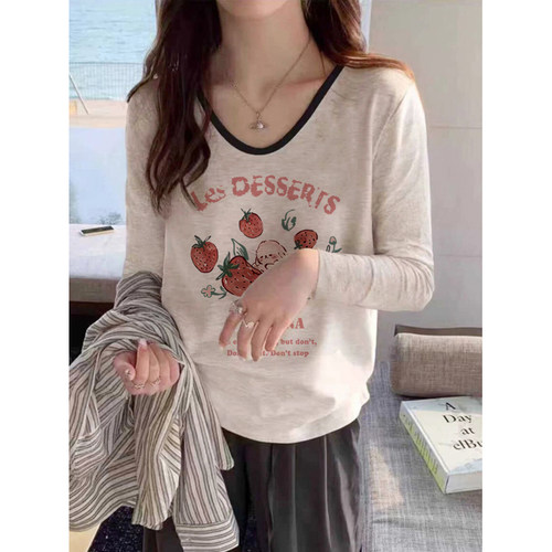 v领正肩长袖t恤女打底衫